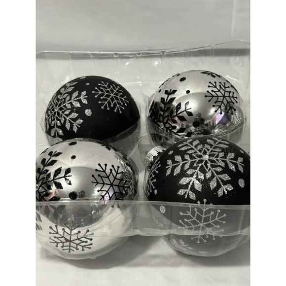 Christmas Ornaments 8 Pack Black Silver Snow Flake and Striped - Picture 1 of 3